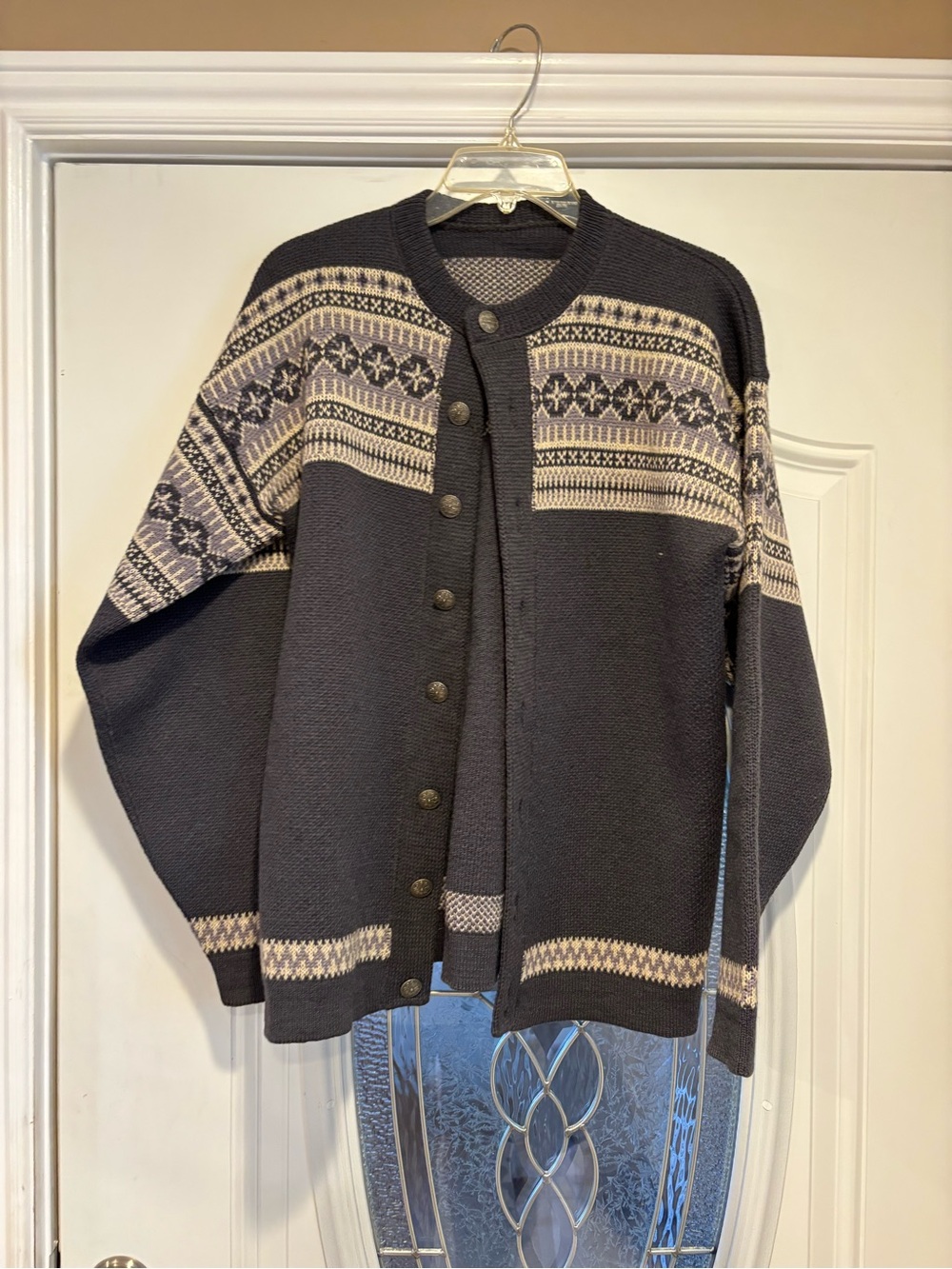 Men's Navy and Cream Nordic Button-Front Sweater